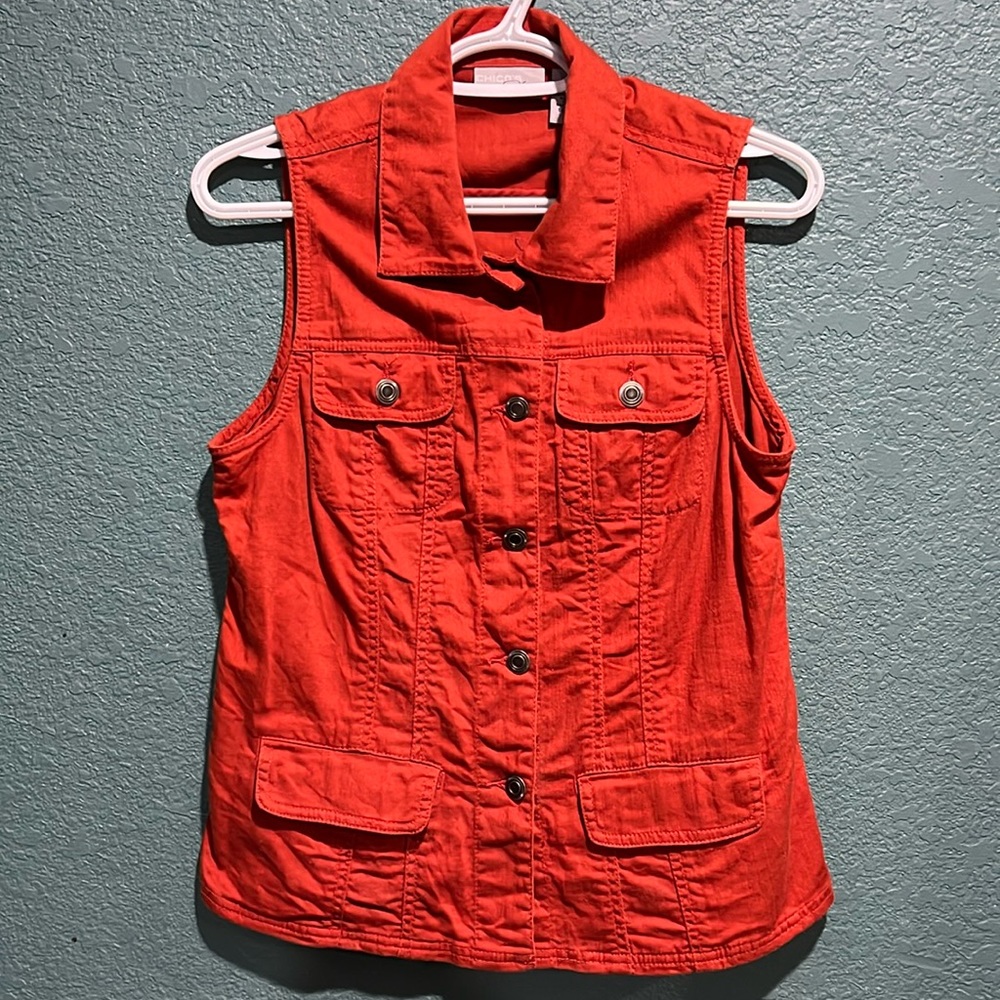 Vintage Chicos Burnt Orange Embroidered Jeweled Pocket Denim Vest Size 0